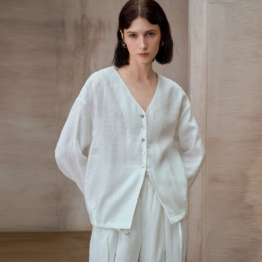 リネンVネックシャツ レディース 長袖 ゆったり 8878
