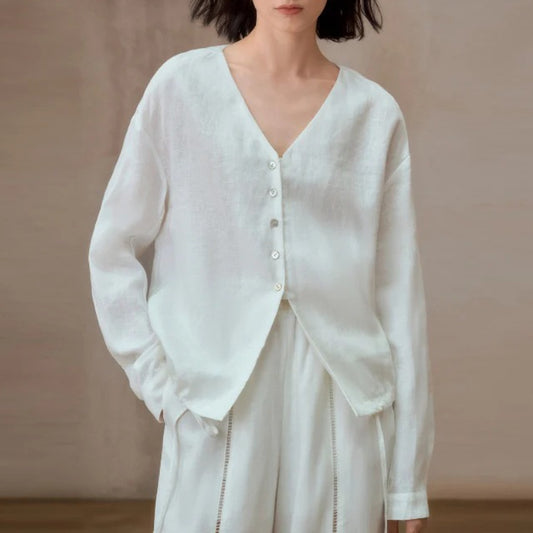 リネンVネックシャツ レディース 長袖 ゆったり 8878