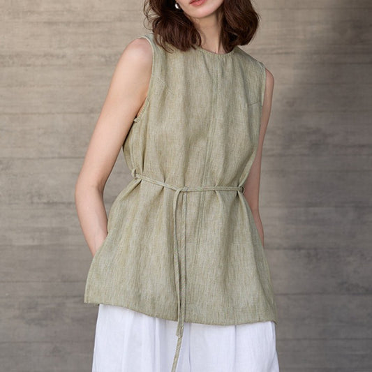 リネン100% ノースリーブロングトップス｜ラウンドネック・ウエストリボン
